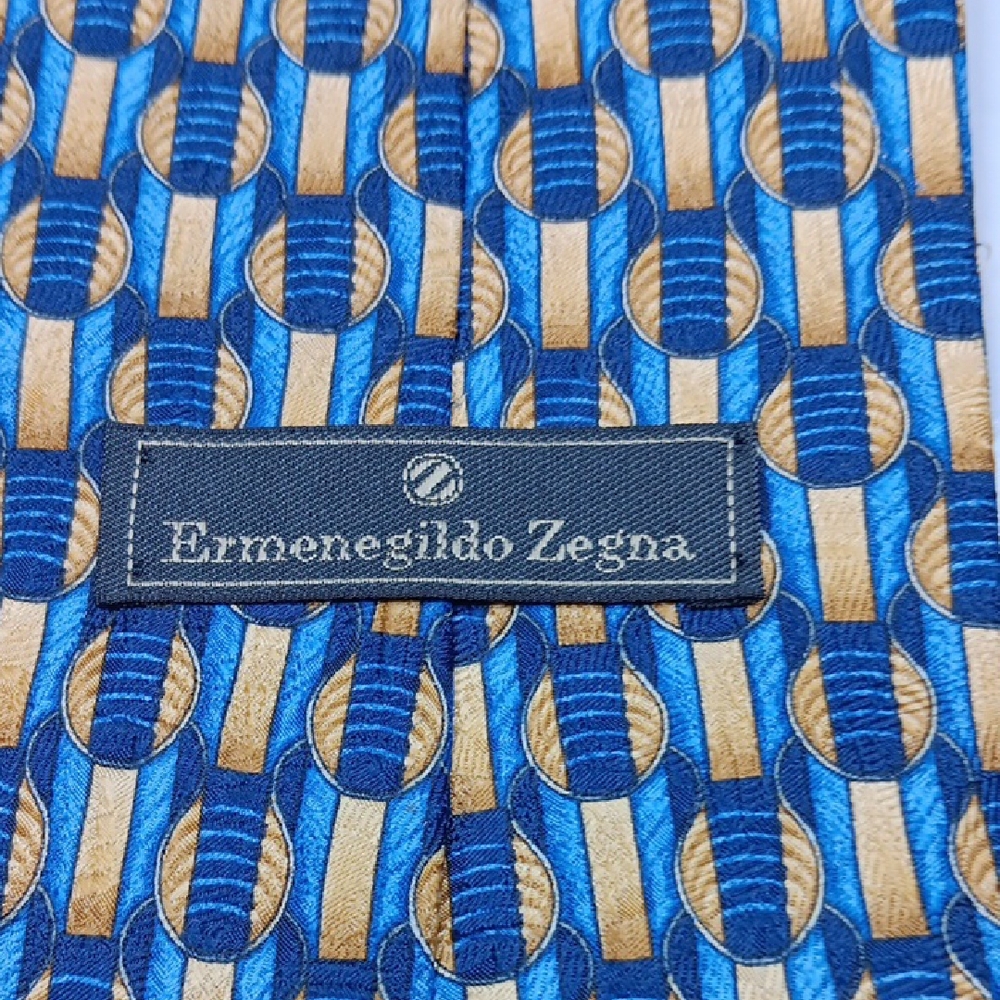 Ermenegildo Zegna Blue and Gold Patterned Men's Silk Tie - Picture 2 of 6